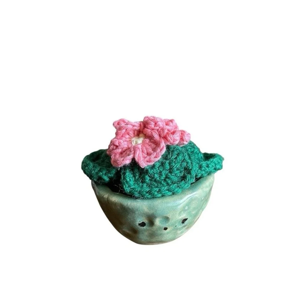 Crochet African Violet in Clay Vase Pink Flowers Handmade Crocheted Plant Decor